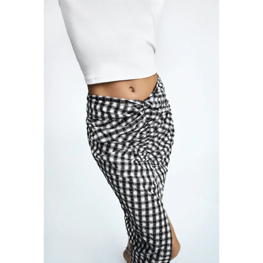 Zara Gingham Print Check Tie-Waist Midi Skirt (NWT)
